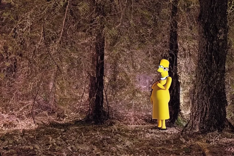 Image similar to A still of Homer Simpson in The Blair Witch Project, 8k, real photo, night scene, terrible