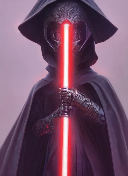 Image similar to perfectly - centered - portrait of a kid wearing black cloak holding light saber, intricate, highly detailed, digital painting, artstation, concept art, smooth, sharp focus, illustration, unreal engine 5, 8 k, art by artgerm and greg rutkowski and alphonse mucha and sam spratt