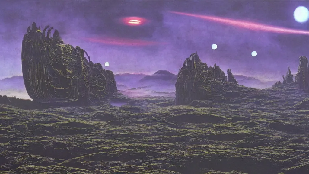 Image similar to eerie atmospheric alien planet empire by angus mckie and bob eggleton and chris moore, epic cinematic matte painting