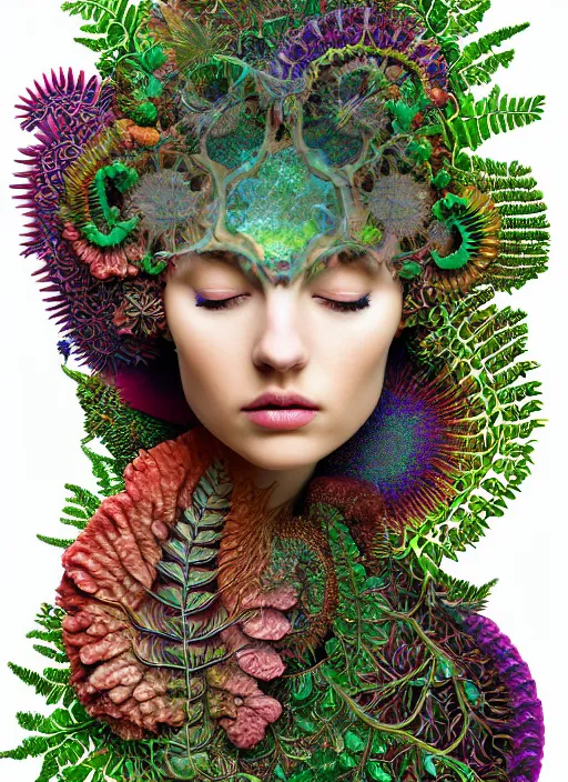 Prompt: ridiculously beautiful young womans face in full color, layers of intricate swirling fractals of 3 d green fern and coral skin, blooming, portals into dimensions, coral, birds, symmetrical, in the style of ernst haeckel, effervescent, sacred geometry, surrealism, photo realistic, epic and cinematic, 3 d, clear, sharp,