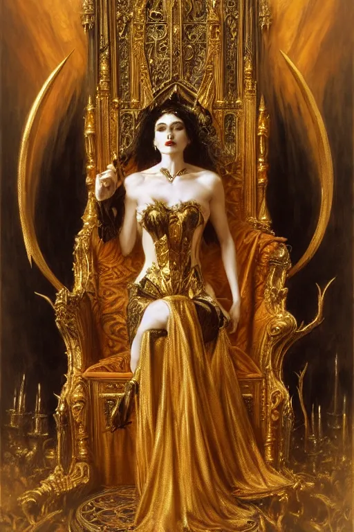 Image similar to full body portrait of beautiful vampire queen in gold gothic robe sitting on a throne of bones, elegant, highly detailed painting by gaston bussiere, craig mullins, j. c. leyendecker, 8 k, mid shot