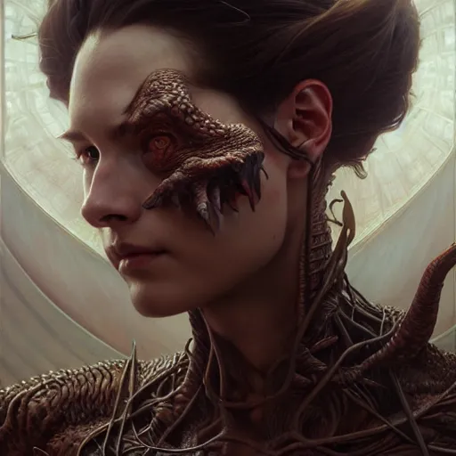 Image similar to portrait painting of draconic humanoid, ultra realistic, concept art, intricate details, eerie, highly detailed, photorealistic, octane render, 8 k, unreal engine. art by artgerm and greg rutkowski and charlie bowater and magali villeneuve and alphonse mucha