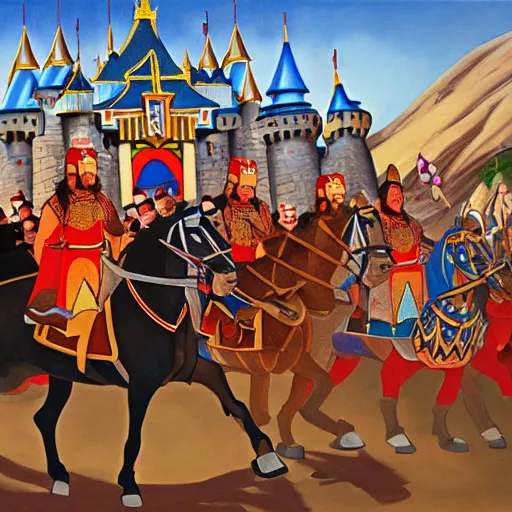 Prompt: genghis khan and his mongol horde ransacking disneyland, oil on canvas