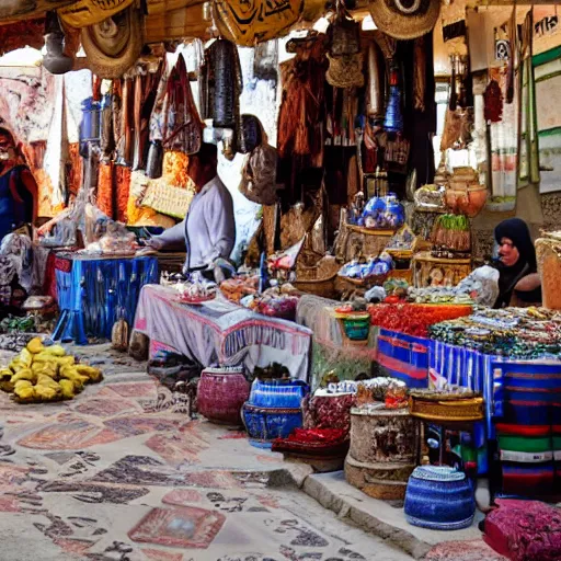 Image similar to an open air market in Egypt, vendors are selling wares, ancient relics, and mysterious trinkets