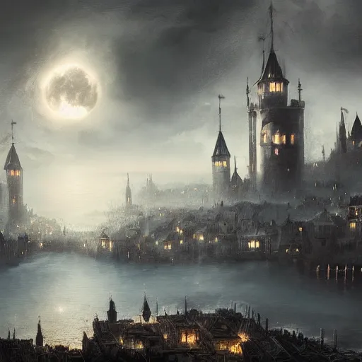 Image similar to medieval city floating above a sea in the moonlight with some puffs of clouds with a dark and gloomy theme, ultra fine detail, concept art, matte painting