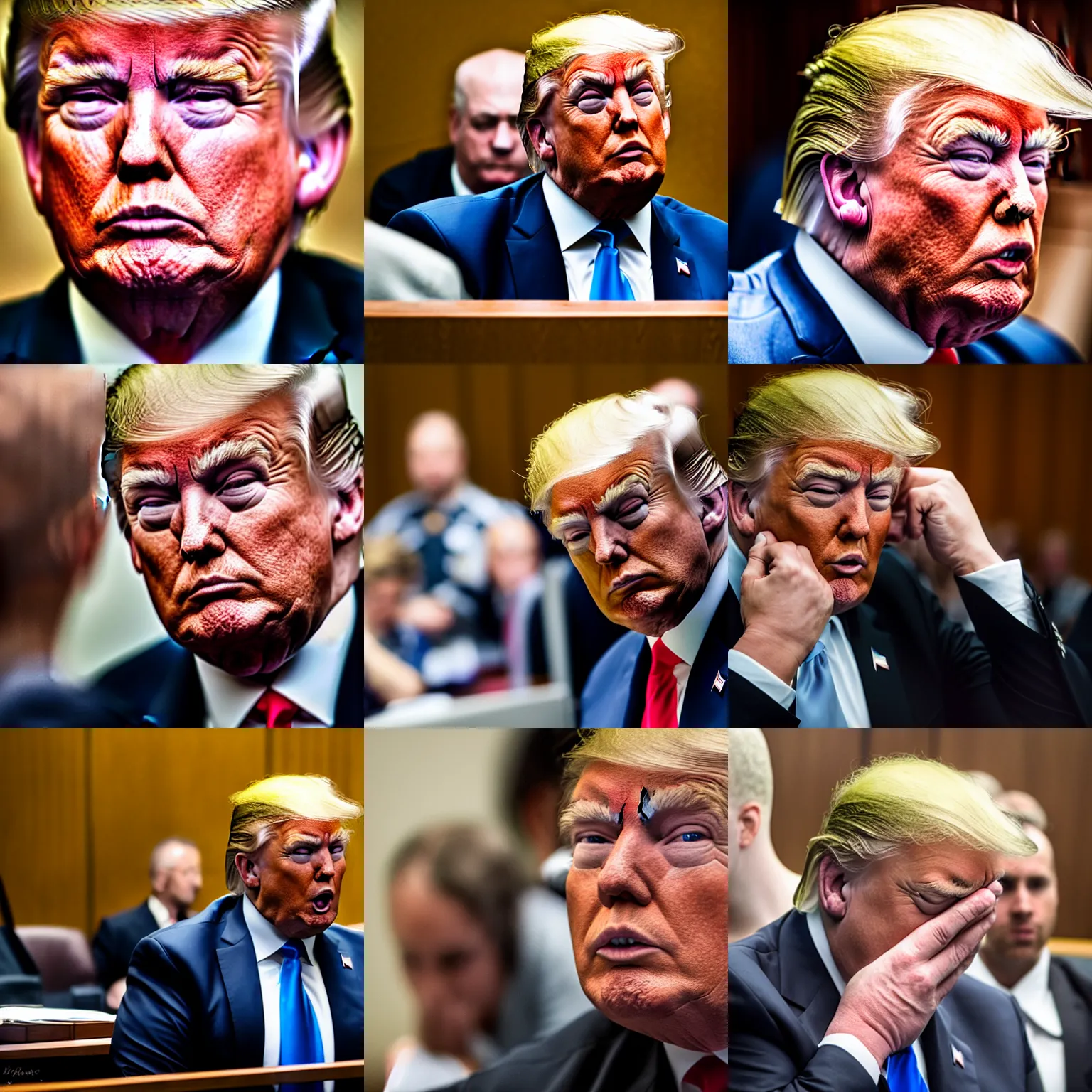 Image similar to Donald Trump crying in a courtroom, EOS-1D, f/1.4, ISO 200, 1/160s, 8K, RAW, unedited, symmetrical balance, in-frame