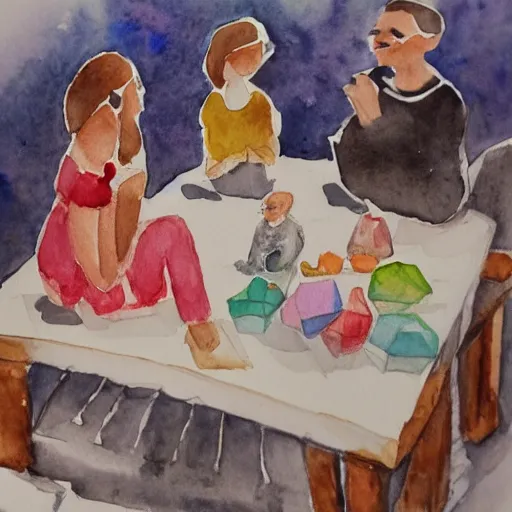 Image similar to 1 2 diamonds sitting on a table surrounded by people, watercolor painting