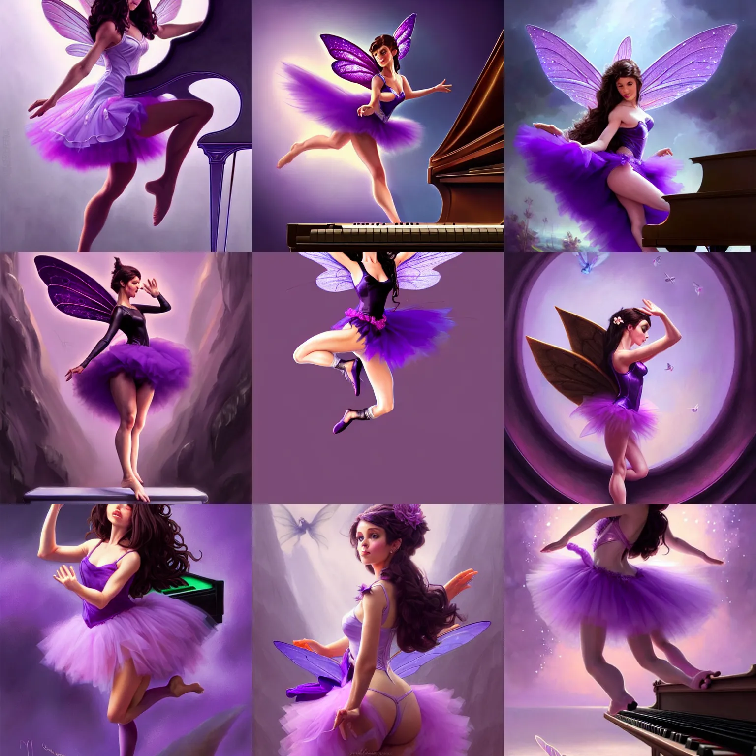 Image similar to brunette fairy woman stretching, wearing purple romantic tutu, standing on top of a piano, d & d, fantasy, highly detailed, digital painting, trending on artstation, concept art, sharp focus, illustration, art by artgerm and greg rutkowski and magali villeneuve