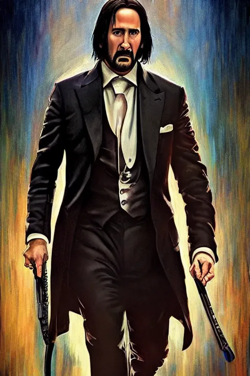 Image similar to a dramatic ethereal epic painting of nicolas cage as john wick | tarot card, art deco, art nouveau, realistic | deatiled face, dramatic lighting | by Dresden Codak, by Mark Maggiori and Alphonse Mucha | trending on artstation