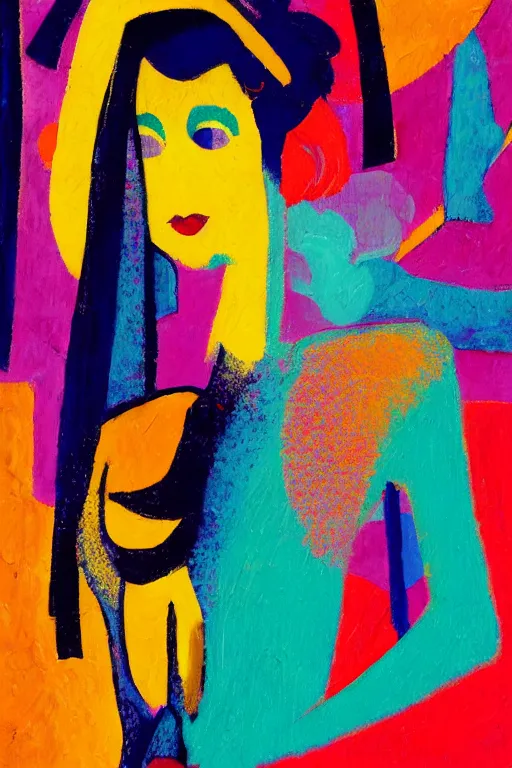 Prompt: photo of girl in a dress, city morning, abstract, rich details, modern composition, coarse texture, visible strokes, colorful, Kirchner, Gaughan, Caulfield, Aoshima, Earle