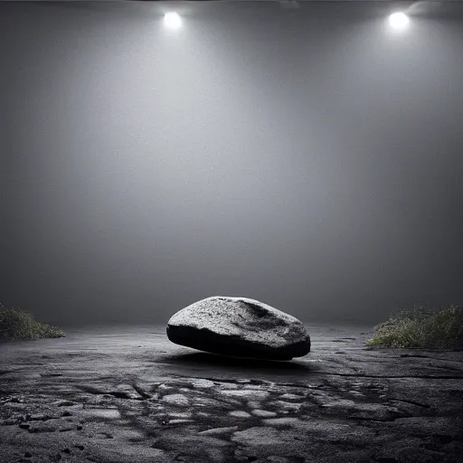 Image similar to a large boulder rock with a metallic finish is embedded in a circular matte black industsrial stage in the center of a dark space, a ring of overhead lights cast onto the rock and it throws caustic reflections into space, low misty atmosphere, hyper realistic image in the style of jeremy geddes but photo real, dark black space, 8k octane render