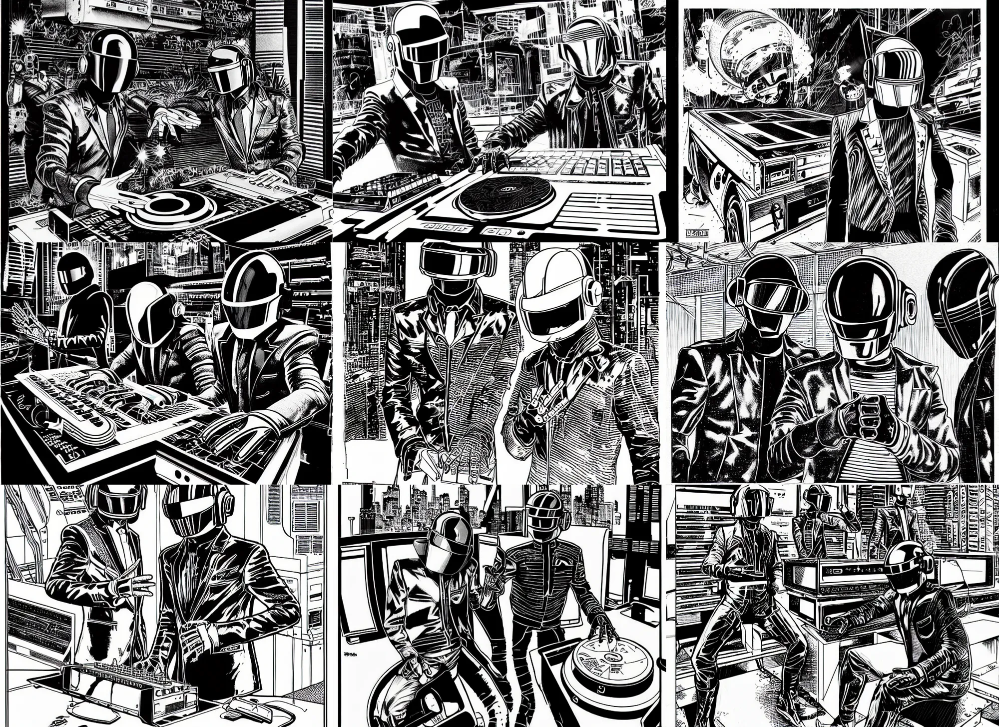 Prompt: daft punk, djing on turntables, cyberpunk 2 0 2 0 manual, by steampoweredmikej, by tim bradstreet, inktober, ink drawing, black and white, coloring pages, manga, highly detailed