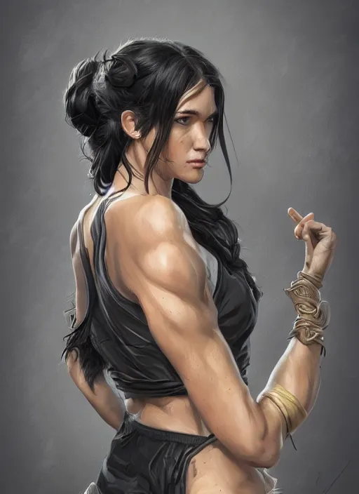 Image similar to a black haired woman in a tank top, muscular upper body, abs, d & d, fantasy, intricate, elegant, highly detailed, digital painting, artstation, concept art, smooth, sharp focus, illustration, art by dayer diego