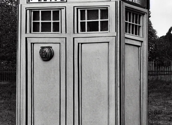 Image similar to photo of a metropolitan police box in suburban london, police box, 1930s, sepia, blurry, faded