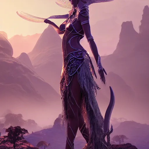 Image similar to soft painting curiosities ornaments synthwave, beautiful elven female warrior in full long dress, accurate features, focus, very intricate ultrafine details, black white purple volumetric clouds, award winning masterpiece, octane render 8 k hd, fantasy forest