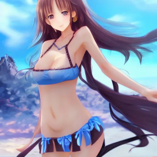 Image similar to a very beautiful mature yuuki asuna, full body, long wavy blond hair, sky blue eyes, full round face, bikini, miniskirt, front view, mid - shot, highly detailed, cinematic wallpaper by stanley artgerm lau