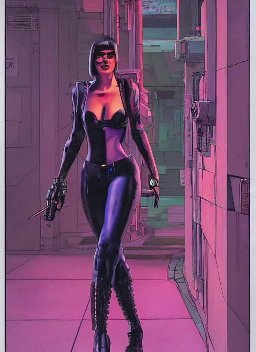 Prompt: cyberpunk hitwoman walking into a nightclub. portrait by mœbius and will eisner and gil elvgren and pixar. realistic proportions. cyberpunk 2 0 7 7, apex, blade runner 2 0 4 9 concept art. cel shading. attractive face. thick lines.