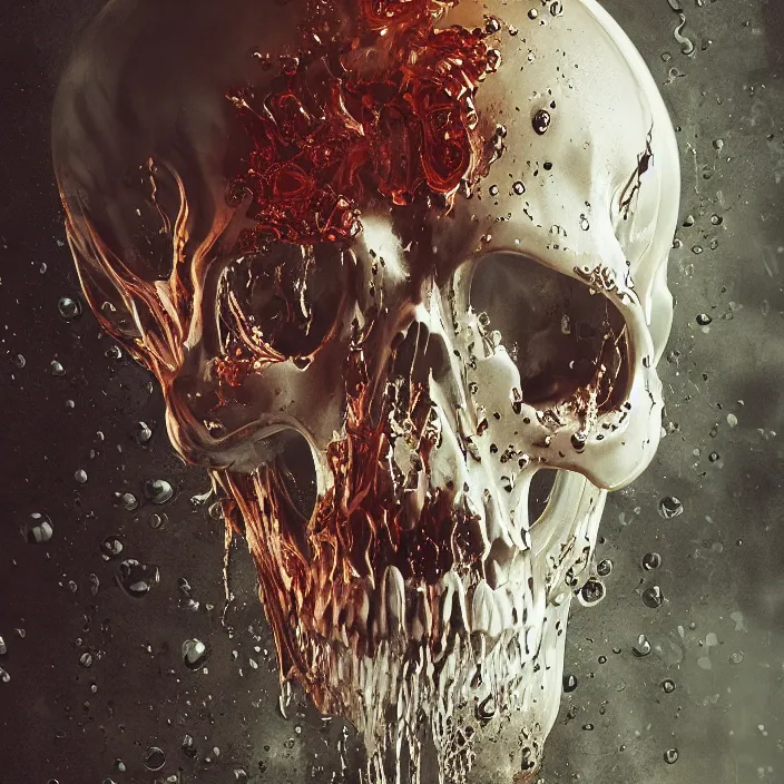 Prompt: a melting dripping skull. burning water distortions. intricate abstract. intricate artwork. by Tooth Wu, wlop, beeple, dan mumford. octane render, trending on artstation, greg rutkowski very coherent symmetrical artwork. cinematic, hyper realism, high detail, octane render, 8k, depth of field, bokeh. iridescent accents