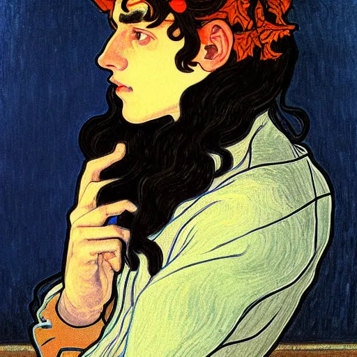 Image similar to painting of young cute handsome beautiful dark medium wavy hair man in his 2 0 s named shadow taehyung at the halloween pumpkin jack o'lantern party, depressed, melancholy, autumn, japan, elegant, clear, painting, stylized, delicate, soft facial features, delicate facial features, soft art, art by alphonse mucha, vincent van gogh, egon schiele