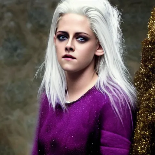 Prompt: Kristen Stewart as an Elf with white hair and purple skin