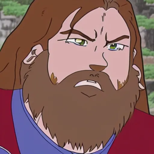 Prompt: gimli from the anime lord of the rings (1986), with ginger hair and a big beard, studio ghibli, very detailed, realistic