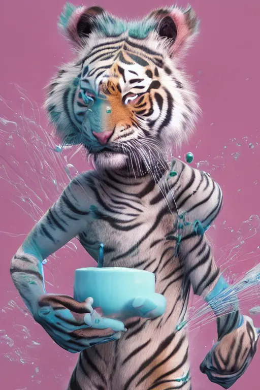 Prompt: epic 3 d abstract tiger bubbles, liquid paws and fur spinning, 2 0 mm, with cerulean and pastel pink peanut butter, melting smoothly into asymmetrical milk, liquid, delicate, beautiful, intricate, houdini sidefx, trending on artstation, by jeremy mann and ilya kuvshinov, jamie hewlett and ayami kojima