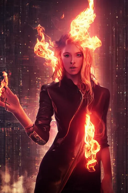 Image similar to young blonde woman with flames dancing on her hands with a long jacket in a cyberpunk city, realistic, high definition, detailed and realistic face, detailed and realistic hands, expressive eyes, 4 k, shimmering color, epic digital art