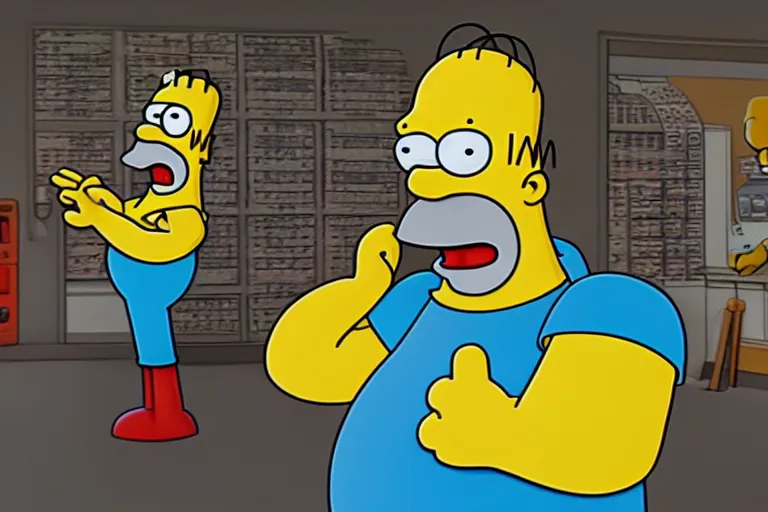 Image similar to Homer Simpson reacting to the crash of Bitcoin, 8k, real photo, CryEngine