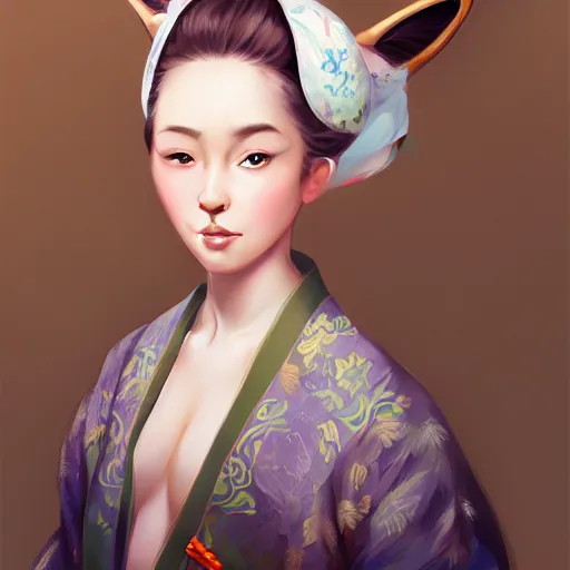 Image similar to A potrait of a beautiful, shapely woman with fox ears wearing a modest kimono, digital painting, by Stanley Artgerm Lau, WLOP, Rossdraws, LeraPi, and Sakimichan, digtial painting, trending on ArtStation, deviantart, SFW version