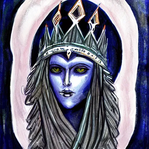 Prompt: Artemixel, the modern reincarnation of the old selenium god of hunt, also known as Artemis the Selene, carrying the celebrated Crown of the Crescent Moon, wich its usual bright and slightly bluish crescent like the brightness of the night. Portrait by myselft