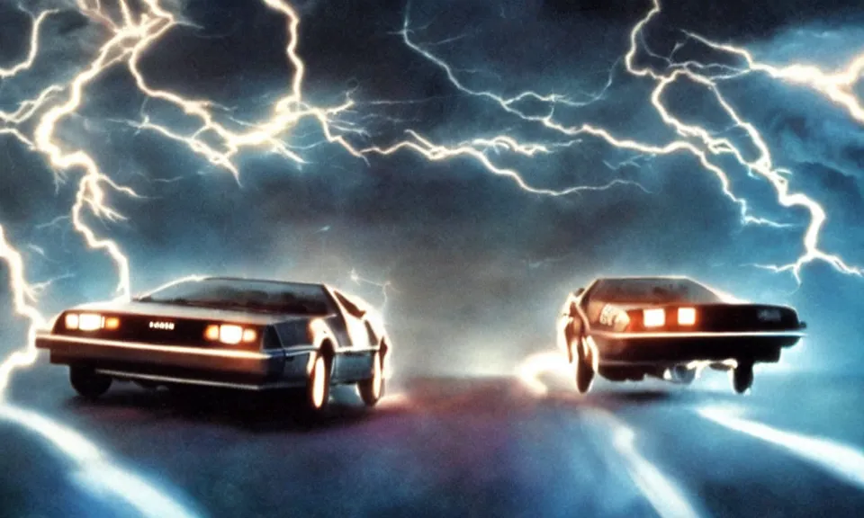 Prompt: scene from back to the future, delorean driving fast, lightning, fire, driving through portal, motion blur