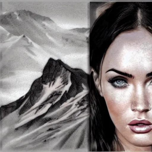 Prompt: tattoo design sketch with double exposure effect, megan fox face faded against beautiful mountain scenery, in the style of matteo pasqualin, amazing detail, mash up