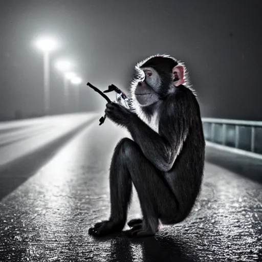 Image similar to contre - jour photo of a monkey smoking a cigarette on a bridge at night under rain, lightened by street lamps, award winning photography