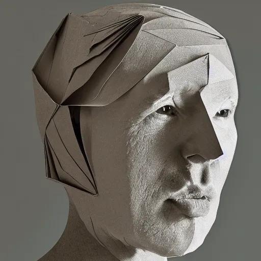 Image similar to the face of a man, layered paper, origami style, top down photography, ambient light