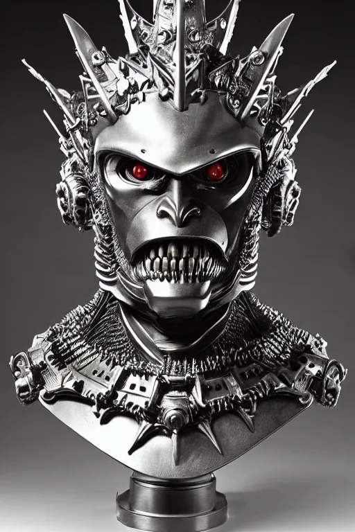 Prompt: a malevolent and stoic alien king bust, with hungry conquering eyes, extremely detailed frontal angle, art nouveau cyberpunk engraved armor and intricate crown of infinite power, perfectly symmetrical facial structure and framework, honorable and honest facial features of ageless wisdom, by bill sienkiewicz, frank frazetta and travis charest, dark sci-fantasy, ornate complexity, male face and bust, accurate human anatomy mixed with alien and cyborg characteristics, sci-fi character concept, photorealism, epic art nouveau framing, stunning lighting, hyperrealism, 8k