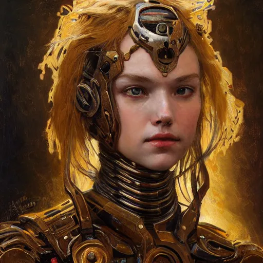 Image similar to portrait girl face metal cyborg armor and metal horse by gaston bussiere, anna nikonova aka newmilky, greg rutkowski, yoji shinkawa, yoshitaka amano, tsutomu nihei, donato giancola, geoffroy thoorens, gustav klimt, trending on artstation, featured on pixiv