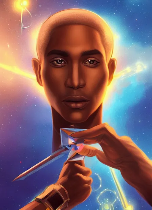 Image similar to symmetry!! brown skin man egyptian prince holding scepter of power, solid cube of light, hard edges, product render retro - futuristic poster scifi, lasers coming from eyes, brown skin man egyptian prince, intricate, elegant, highly detailed, digital painting, artstation, concept art, smooth, sharp focus, illustration, dreamlike, art by artgerm