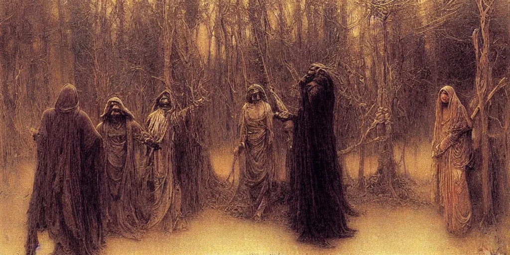 Image similar to a painting of the dark man at the crossroads by gustav moreau, jean delville and  Gaston Bussiere