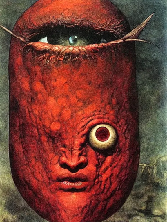 Image similar to one-eyed single-eyed red-skinned Cyclops Polyphemus concept art with one huge eye. Extremely high detail, details, realistic, solo, masterpiece, colorful, art by Arthur Rackham, Muzinabu, Johann Tischbein, Zdzisław Beksiński