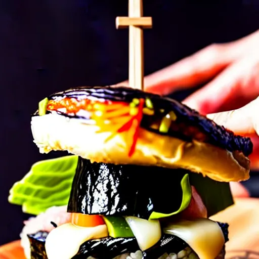 Image similar to The ultimate sushi-burger with extra unagi on a hand carved cherrywood plate. Perfect photography.