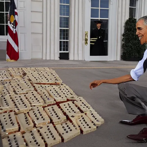 Prompt: obama knocking down all the dominoes, charming blooper photo