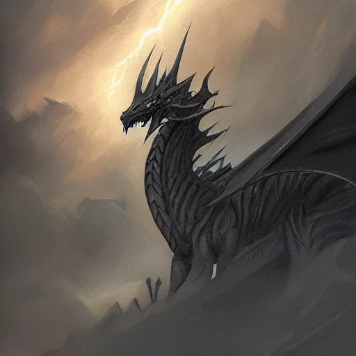 Image similar to grey dragon close up by greg rutkowski, drark, marvel comics, dark, plutus su and chris scalf and lucas graciano and billy christian, symmetrical, mountains, grey and gold color palette, painting, d & d, fantasy, detailed, realistic, complimentary colors, light, artstation, cinematic, dramatic lighting, close up, storm clouds, hudson river school