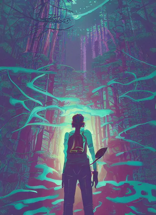 Image similar to an indie game poster of a translucent cyberpunk explorer transcending reality in the middle of a dense forest, midnight, risograph by ghostshrimp, kawase hasui, josan gonzalez, jean giraud, moebius, colourful flat surreal design, in the style of oxenfree, super detailed, a lot of tiny details