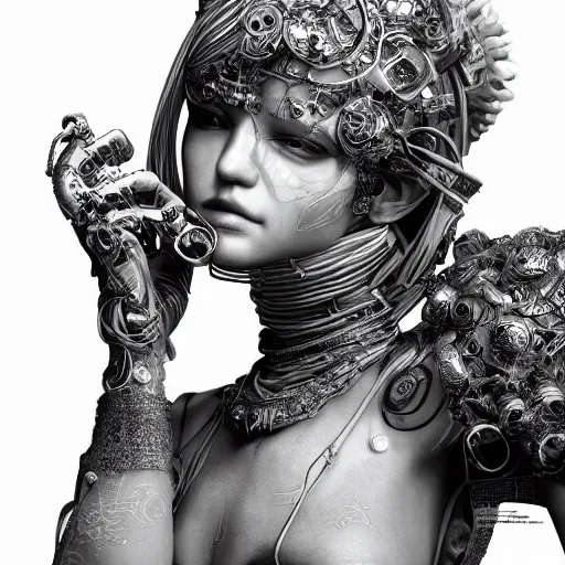 Image similar to the portrait of an absurdly beautiful, graceful, elegant, sophisticated, fashionable cyberpunk gravure idol, an ultrafine hyperdetailed illustration by kim jung gi, irakli nadar, intricate linework, bright colors, porcelain skin, unreal engine 5 highly rendered, global illumination, integrated led, radiant light, detailed and intricate environment