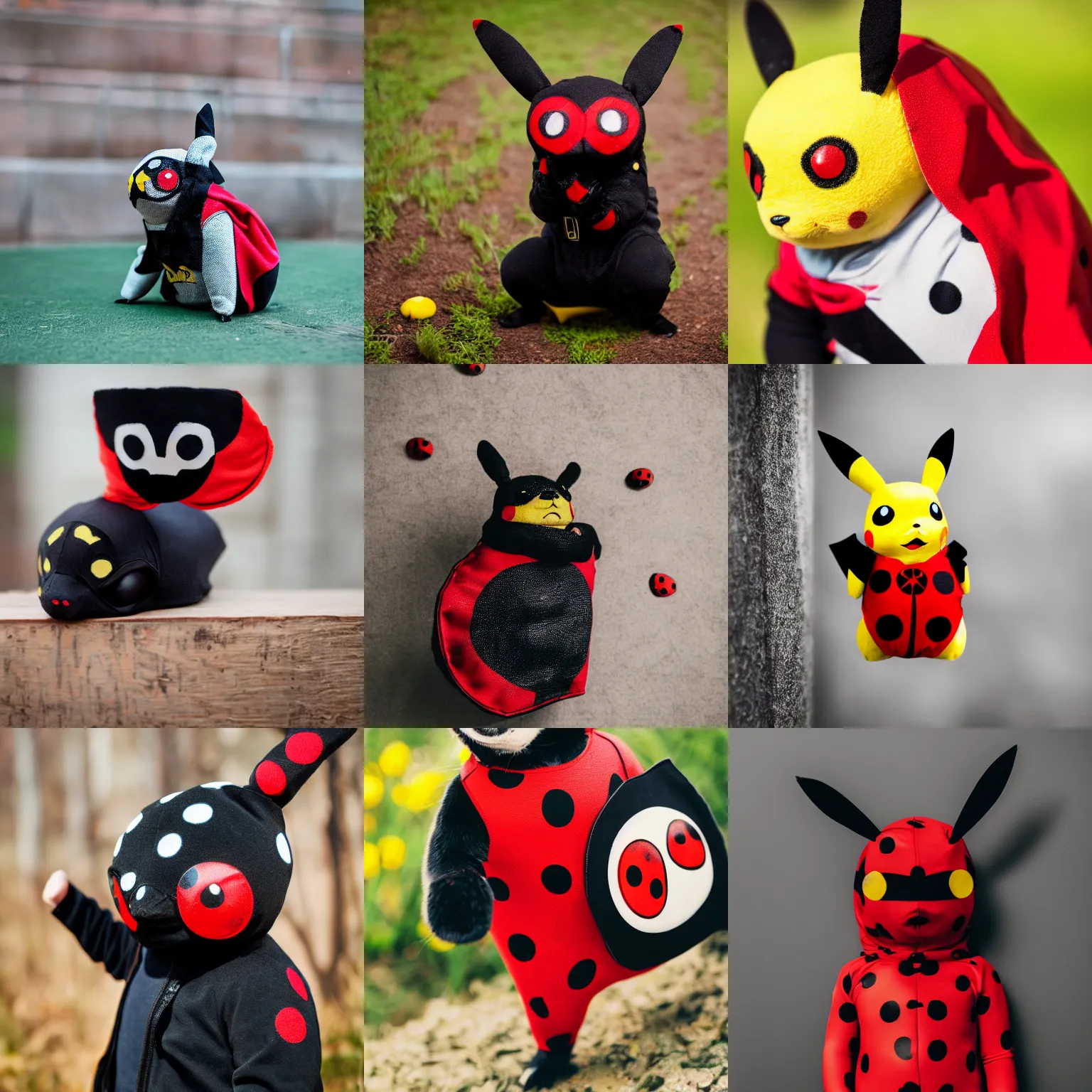 Prompt: pikachu wearing a black and red spotted eye mask and a ladybug suit. superhero pose. 4 k photograph, 5 0 mm lens