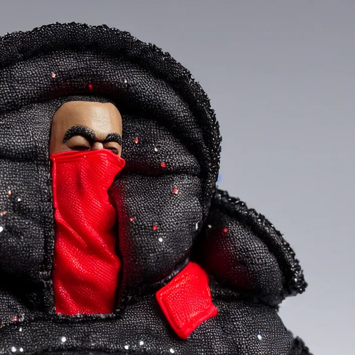 Prompt: a action figure of kanye west using full face - covering black mask with small holes. a small, tight, undersized reflective bright red round puffer jacket made of nylon. a shirt underneath. red nylon reflective pants. a pair of red shoes, figurine, detailed product photo, 4 k, realistic, acton figure, studio lighting, professional photo