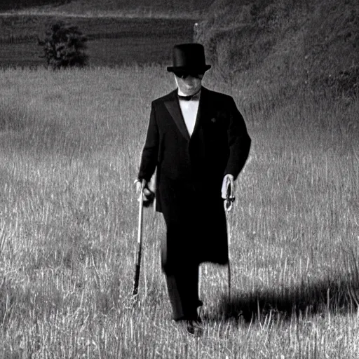 Image similar to a film still of a man holding a cane wearing a black suit and a bowler hat with a robotic face walking in a empty field in a 60s movie, black and white