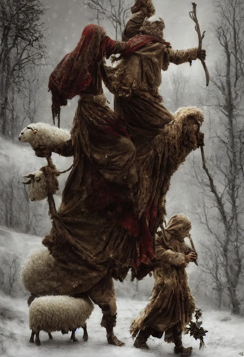 Prompt: spooky slavic pagan ritual with figure in sheep skin chasing away the winter. extremely high fidelity, 8 k, super resolution, cinematic view, super resolution, epic, hyperdetailed, digital painting, artstation, concept art, smooth, sharp focus, octane render, dramatic lighting, art by artgerm and greg rutkowski and alphonse mucha and wlop