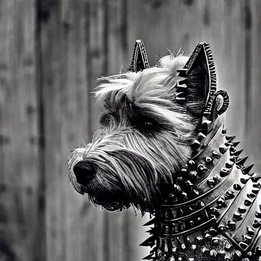 Image similar to “ west highland terrier clad in iron armor with spikes, with a gun glued to his head. ”