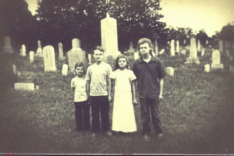 Image similar to old polaroid of weird lookin family photo in the cemetery, there is a demon in the background